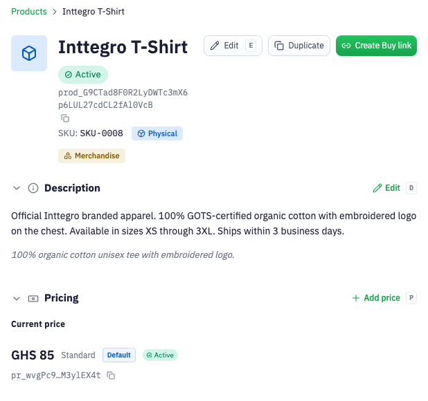 Inttegro catalog and Inttegro T-Shirt product record, with an active GHS 85 price. Synthetic test workspace.